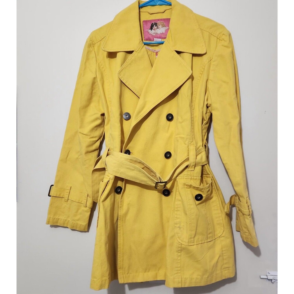 Fiorucci Trench Coat Size Large  Denim Feel Double Breast Mustard Yellow
